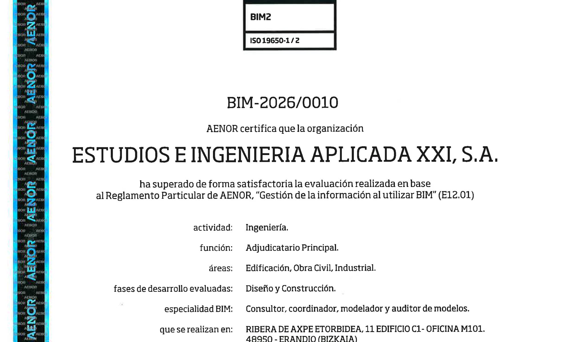 EIA21 obtiene la certificación BIM ISO 19650